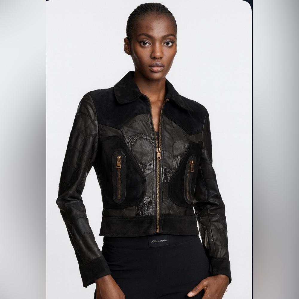 Dolce & Gabbana Rare Black Calfskin Leather Hide Trim Jacket Silk Lined 46 US10